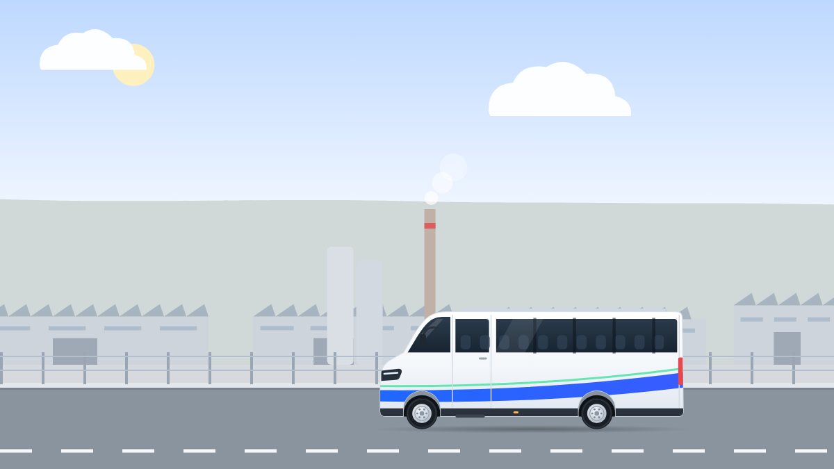 איור למדריך בטיחות בהסעות עובדים: מיניבוס נוסע בבוקר לאורך הגדר של אזור תעשייה, ליד מבני מפעל וממגורות.