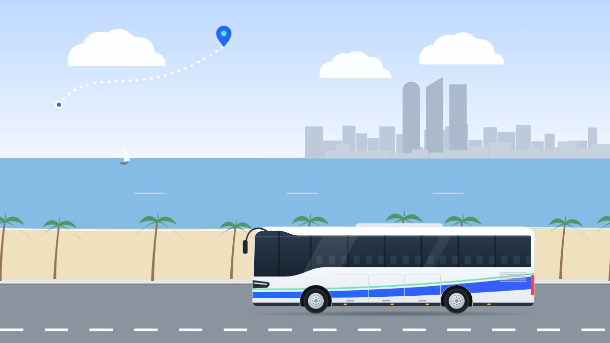 איור למדריך הזמנת הסעות: אוטובוס תיירים נוסע בכביש החוף בבוקר, ומעליו קו של מסלול בין שתי נקודות.