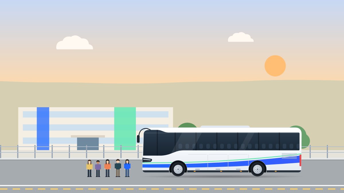 איור לעמוד הסעות תלמידים: תלמידים עם תיקי גב ממתינים ליד אוטובוס תיירים מול בית ספר, באור של אחר הצהריים.