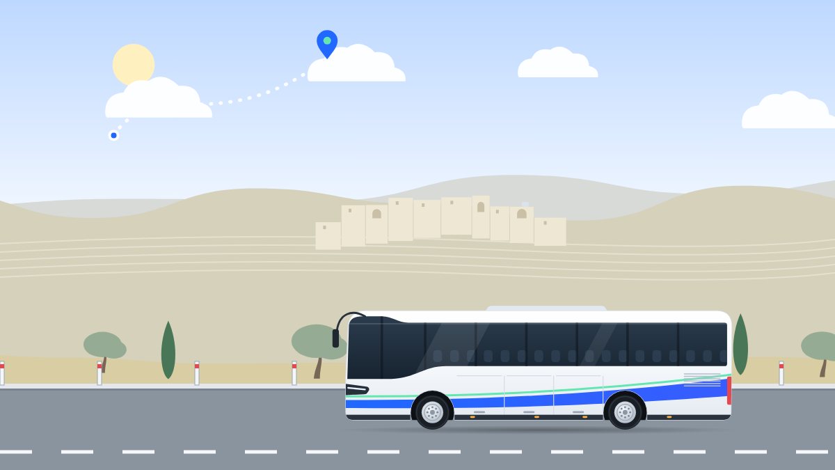 איור למדריך איך לבחור חברת הסעות: אוטובוס תיירים נוסע בבוקר בהרי ירושלים, בין טרסות ועצי זית.