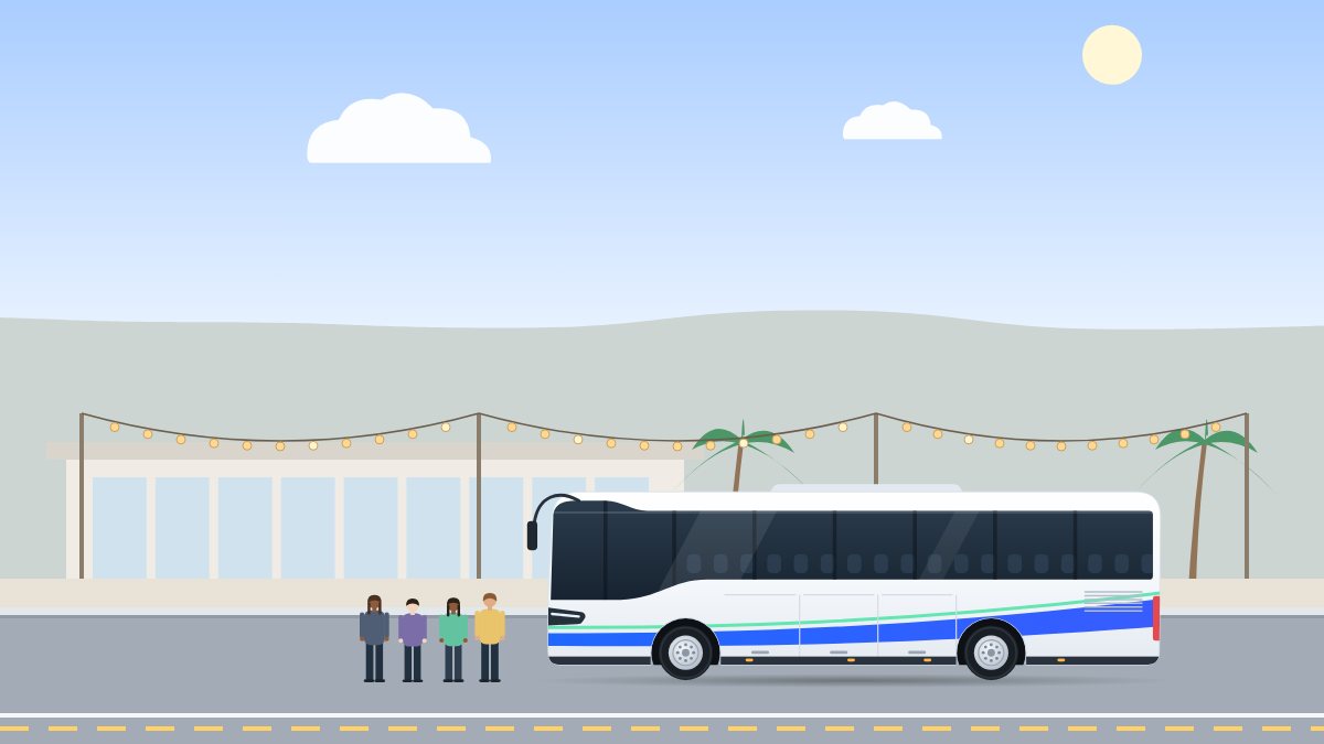 איור לעמוד הסעות לאירועי חברה וכנסים: אוטובוס תיירים עוצר מול אולם אירועים בצהריים, ואורחים ממתינים לידו.