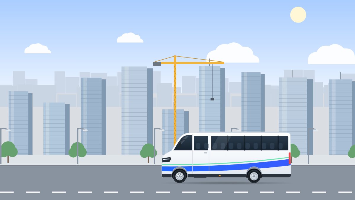 איור לעמוד הסעות לארגונים: מיניבוס נוסע בצהריים ברובע של מגדלי משרדים ועגורן בנייה.