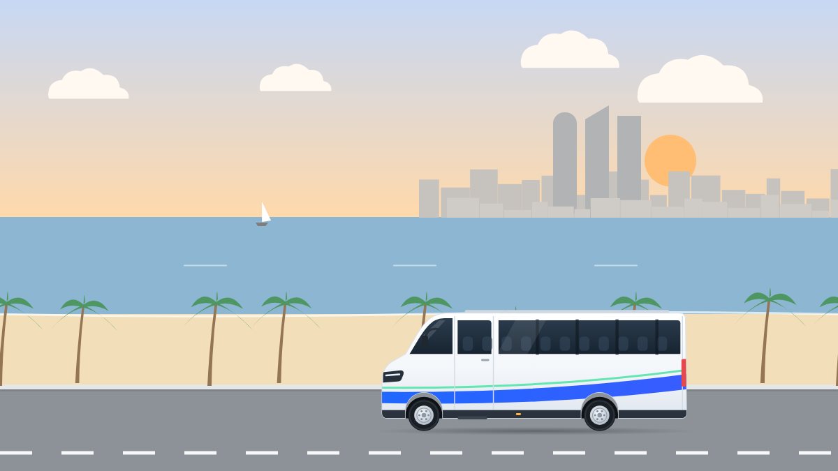 איור לעמוד הסעות באשדוד: מיניבוס נוסע לאורך החוף באור של אחר הצהריים, בין עצי דקל לים.