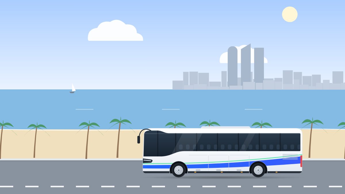 איור לעמוד הסעות באשקלון: אוטובוס תיירים נוסע בצהריים בכביש החוף, מול הים.