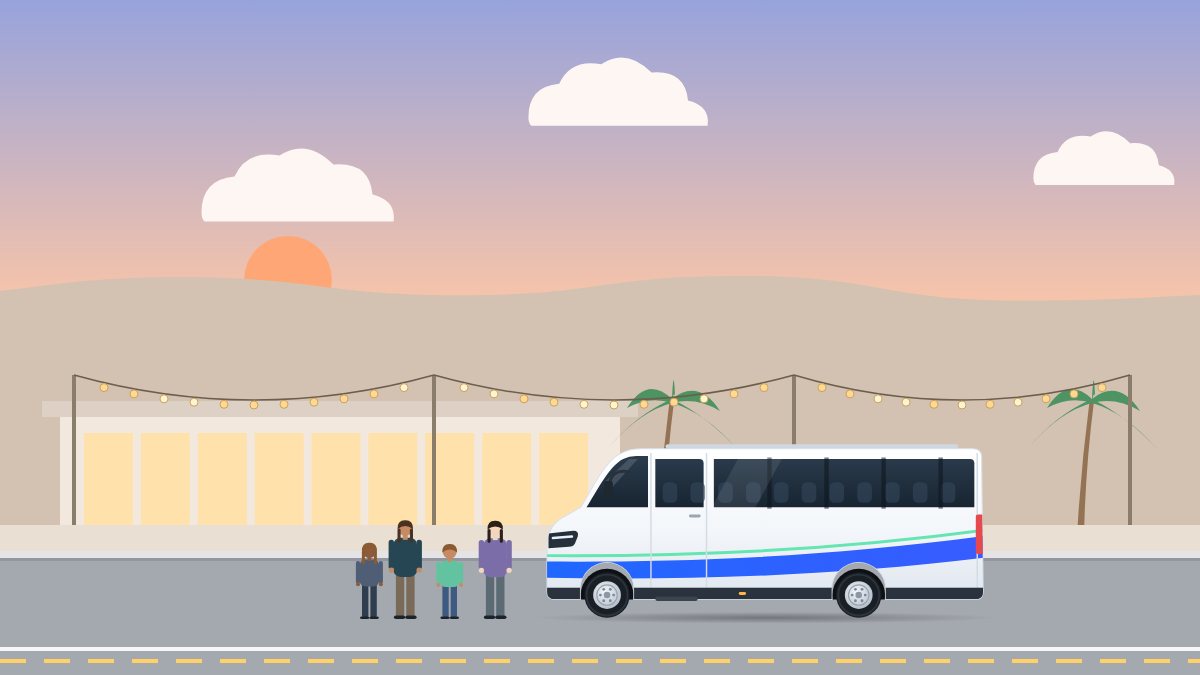 איור למדריך הסעות לבר מצווה: משפחה ממתינה ליד מיניבוס מול אולם אירועים בערב, תחת שרשרת נורות.