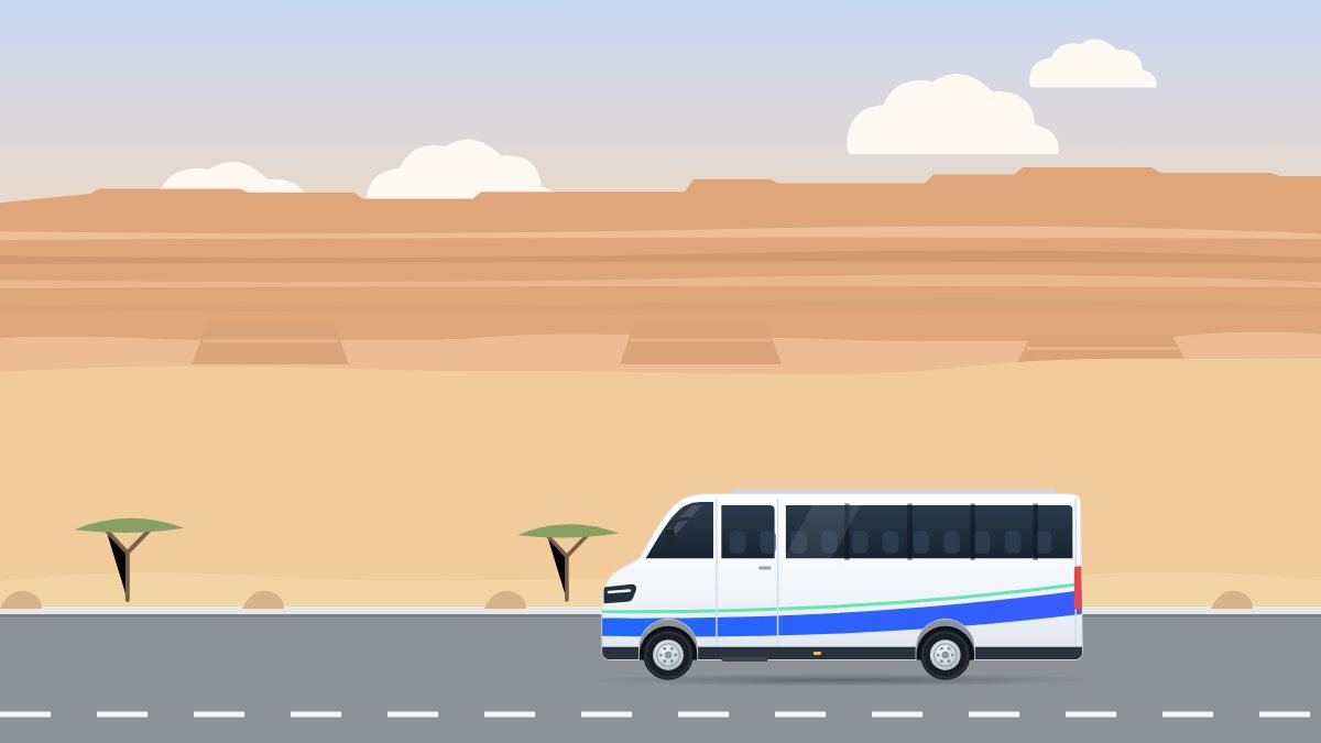 איור לעמוד הסעות בבאר שבע: מיניבוס נוסע בכביש מדברי בנגב, מול מצוק, באור של אחר הצהריים.