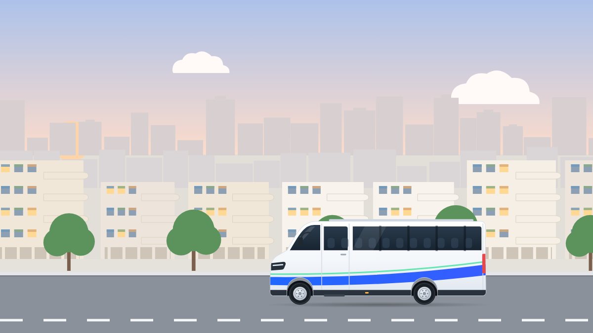 איור לעמוד הסעות בבני ברק: מיניבוס נוסע עם שחר ברחוב של בתים לבנים עם מרפסות מעוגלות.