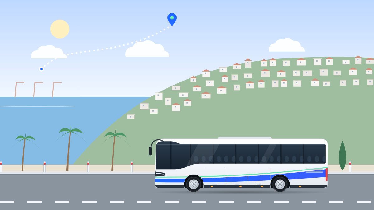 איור לעמוד הסעות בחיפה: אוטובוס תיירים נוסע בבוקר לרגלי הכרמל, בין הים לבתים שעל המדרון, ומעליו קו של מסלול.