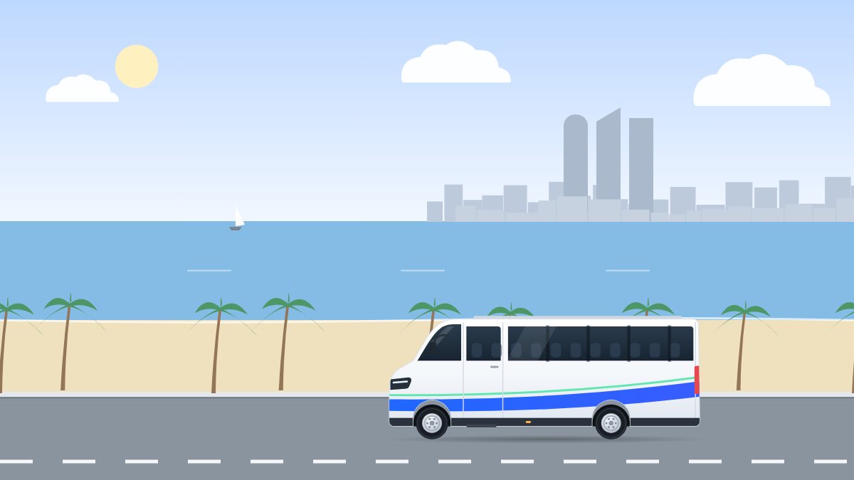 איור לעמוד הסעות בהרצליה: מיניבוס נוסע בבוקר בכביש החוף, מול הים וסירת מפרש.