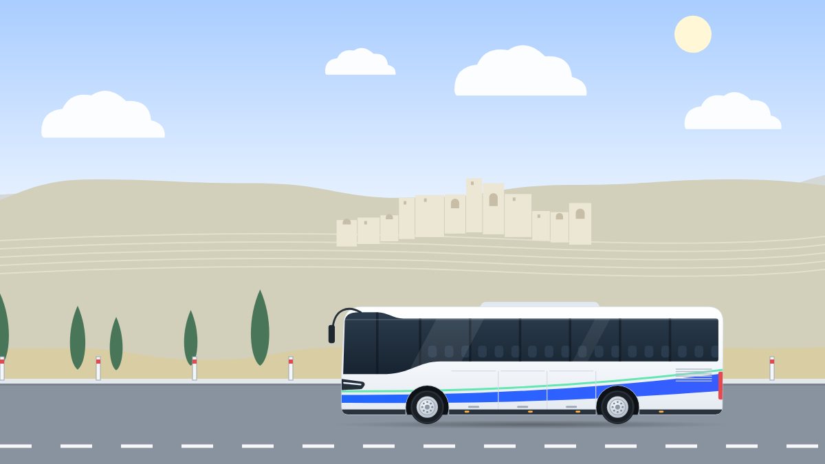 איור לעמוד הסעות בירושלים: אוטובוס תיירים נוסע בצהריים בהרי ירושלים, מול עיר של בתי אבן.