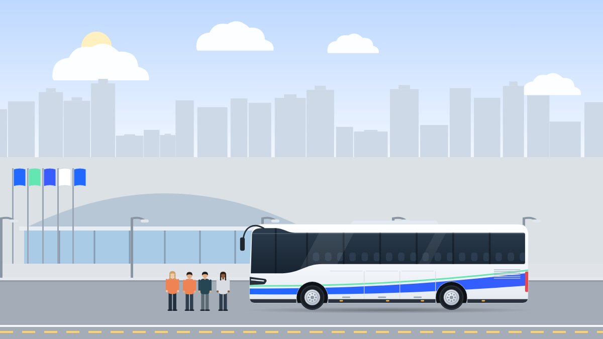 איור למדריך הסעות לכנסים ותערוכות: אוטובוס עוצר מול מרכז כנסים עם גג מקומר, ומשתתפים ממתינים לידו.
