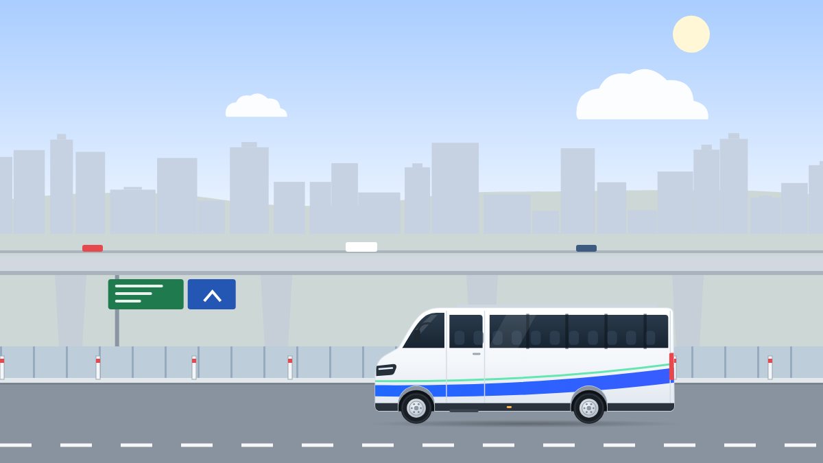 איור לעמוד הסעות בכפר סבא: מיניבוס נוסע בצהריים בכביש מהיר, מתחת לגשר ולשלטי הדרכים.