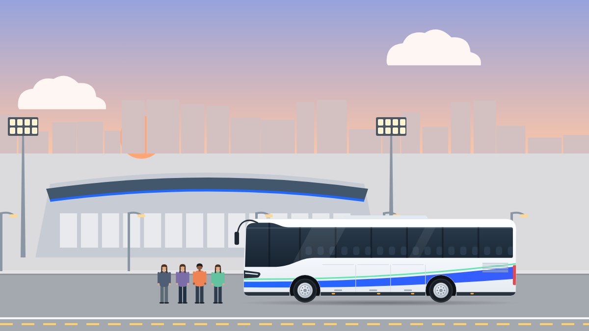איור למדריך הסעות לקבוצות ספורט: שחקנים ממתינים ליד אוטובוס מול אצטדיון בערב, ותאורת המגרש דולקת.