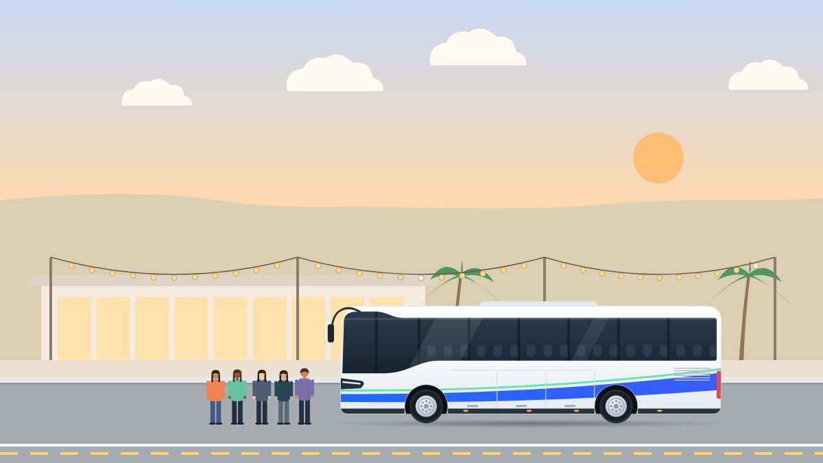איור למדריך הסעות לחתונה: אוטובוס עוצר מול אולם אירועים בשעת שקיעה, אורחים ממתינים לידו ושרשרת נורות מעל הגן.