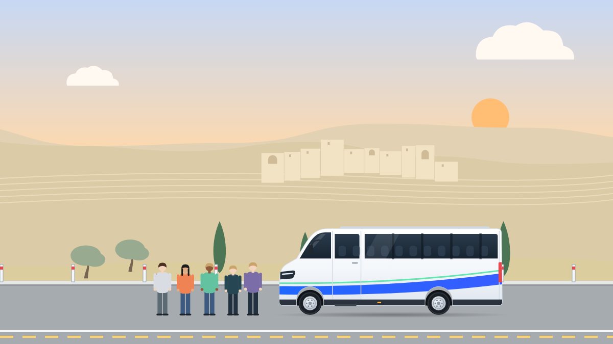 איור לעמוד הסעות למכינה: חניכים עם תיקי גב ממתינים ליד מיניבוס בהרי ירושלים, באור של אחר הצהריים.