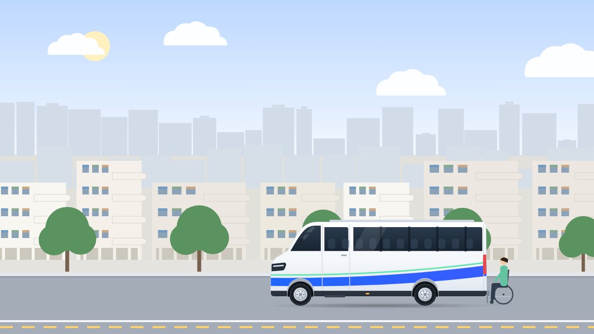 איור למדריך הסעות מונגשות לנכים: מיניבוס עם מעלון מונמך בדלת האחורית, ולידו נוסע בכיסא גלגלים, ברחוב של בתים לבנים.