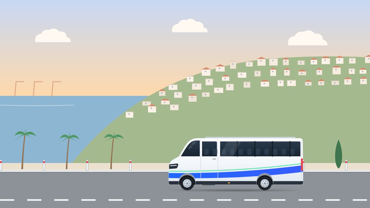 איור לעמוד הסעות בנהריה: מיניבוס נוסע לאורך חוף הצפון באור של אחר הצהריים, בין הים להרים.