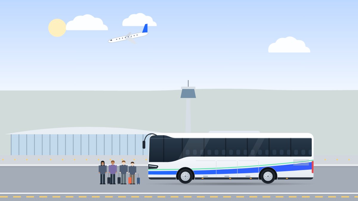 איור למדריך הסעה לנתב"ג לקבוצות: אוטובוס עוצר ליד הטרמינל ומגדל הפיקוח, נוסעים עם מזוודות לידו ומטוס ממריא מעליו.