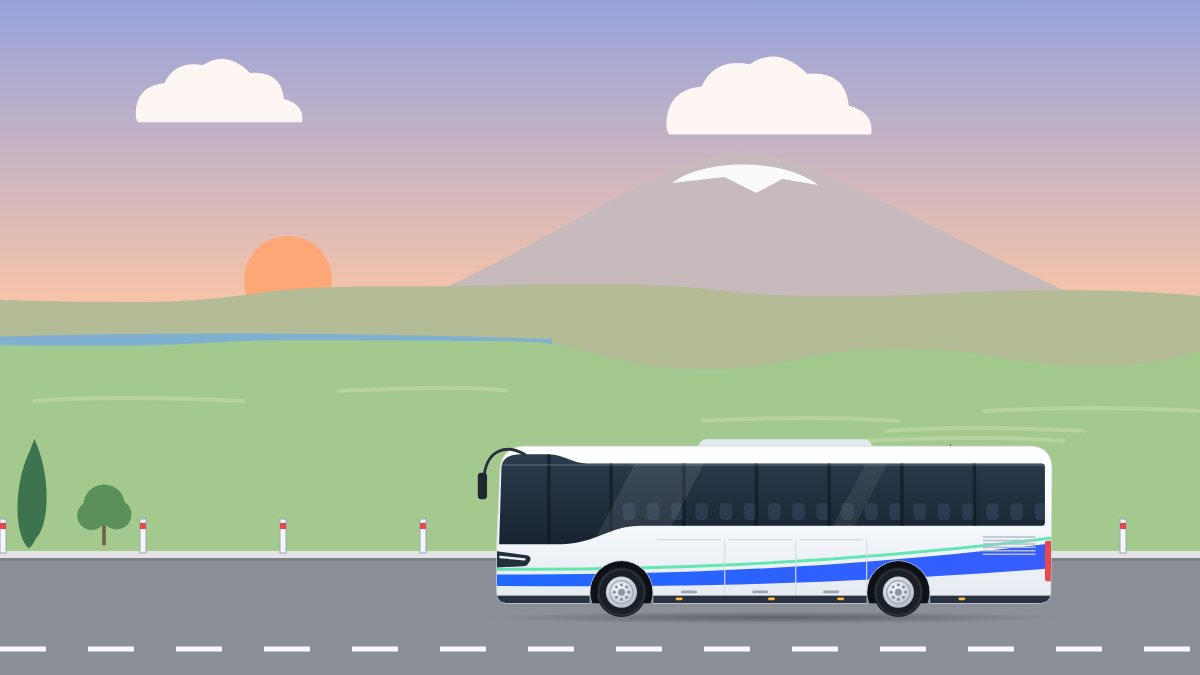 איור לעמוד הסעות בנצרת: אוטובוס תיירים נוסע בדמדומים בין הגבעות של הגליל, והחרמון באופק.