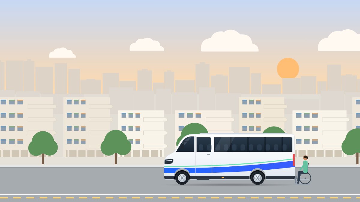 איור לעמוד הסעות נכים ורכב מונגש: מיניבוס עם מעלון מונמך בדלת האחורית, ולידו נוסע בכיסא גלגלים, באור של אחר הצהריים.