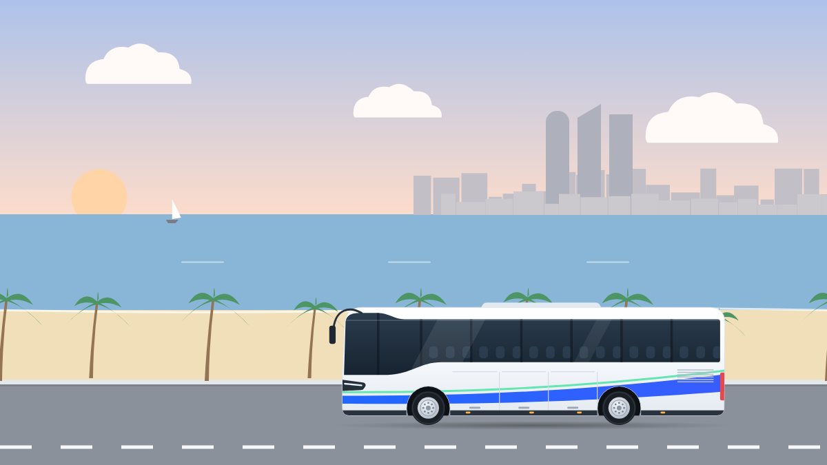 איור לעמוד הסעות בנתניה: אוטובוס תיירים נוסע עם שחר בכביש החוף, בין עצי דקל לים.