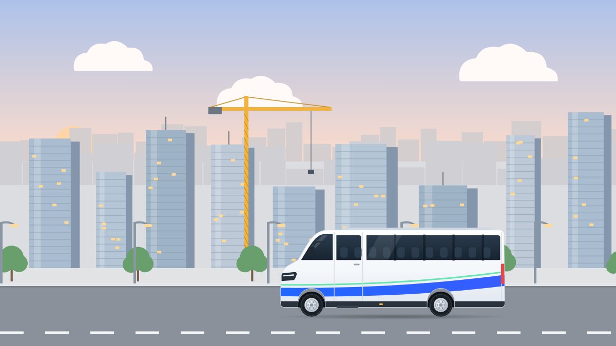 איור למדריך הסעות לעובדי הייטק: מיניבוס נוסע ברובע של מגדלי משרדים עם שחר, ובחלונות עוד דולק אור.