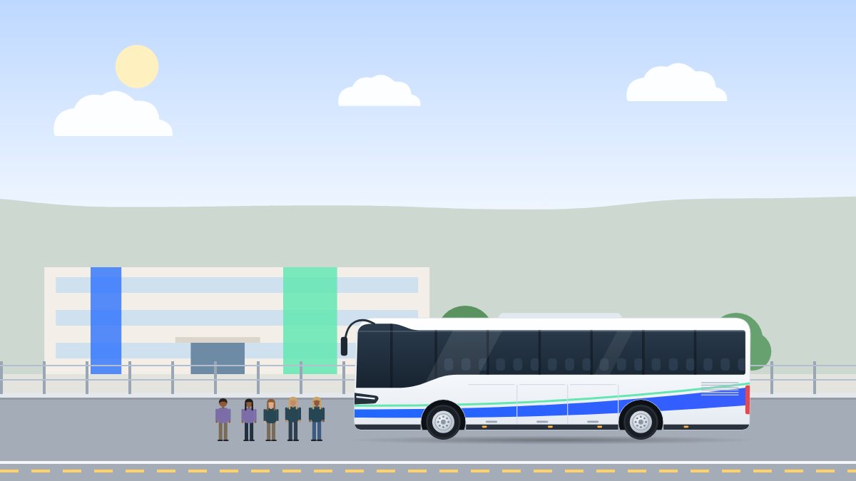איור למדריך הסעות תלמידים: תלמידים עם תיקי גב ממתינים ליד אוטובוס תיירים מול בית ספר, בבוקר.