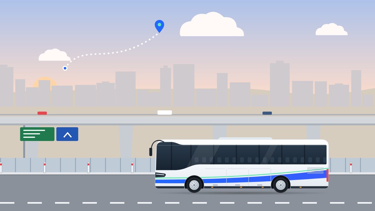 איור לעמוד הסעות מתל אביב לאשדוד: אוטובוס תיירים נוסע עם שחר בכביש מהיר, מתחת לגשר, ומעליו קו של מסלול.