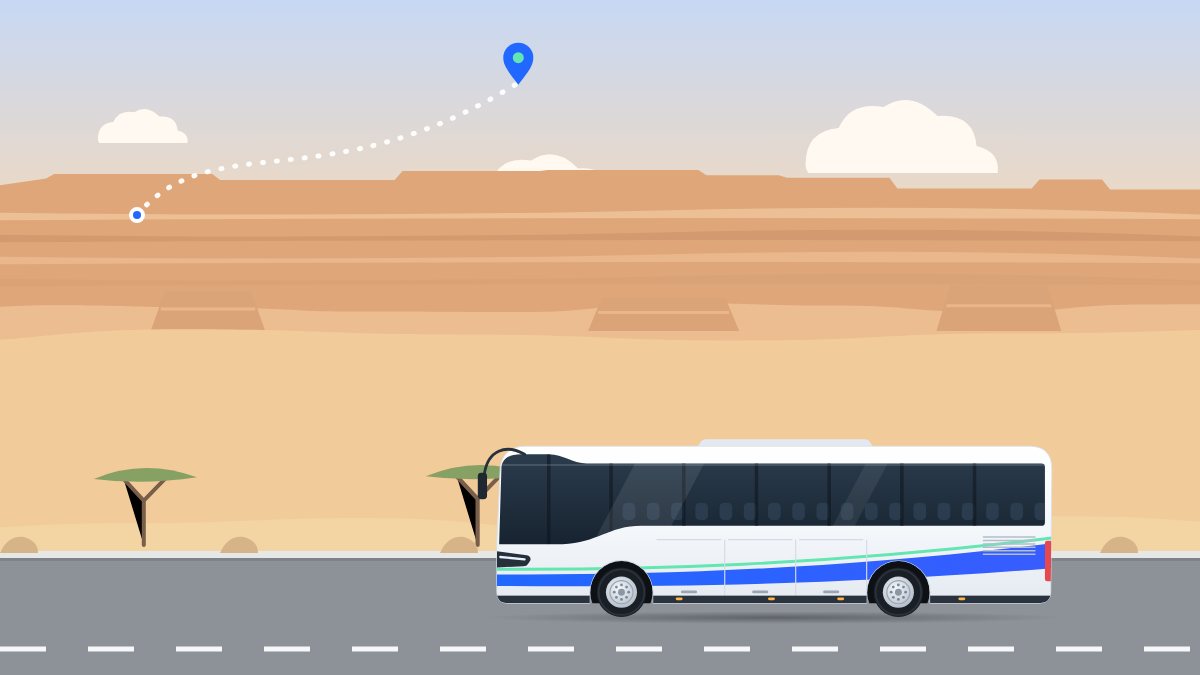 איור לעמוד הסעות מתל אביב לים המלח: אוטובוס תיירים נוסע במדבר באור של אחר הצהריים, מול מצוק, ומעליו קו של מסלול.