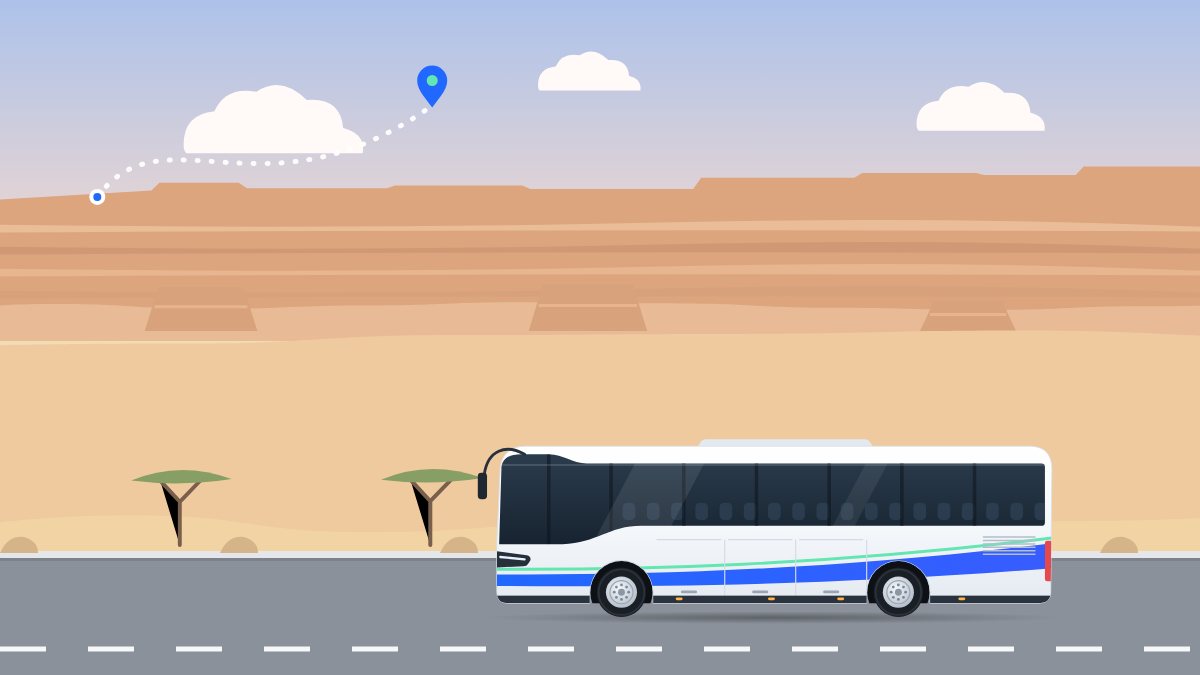 איור לעמוד הסעות מתל אביב לאילת: אוטובוס תיירים נוסע עם שחר בכביש מדברי מול מצוק בנגב, ומעליו קו של מסלול.