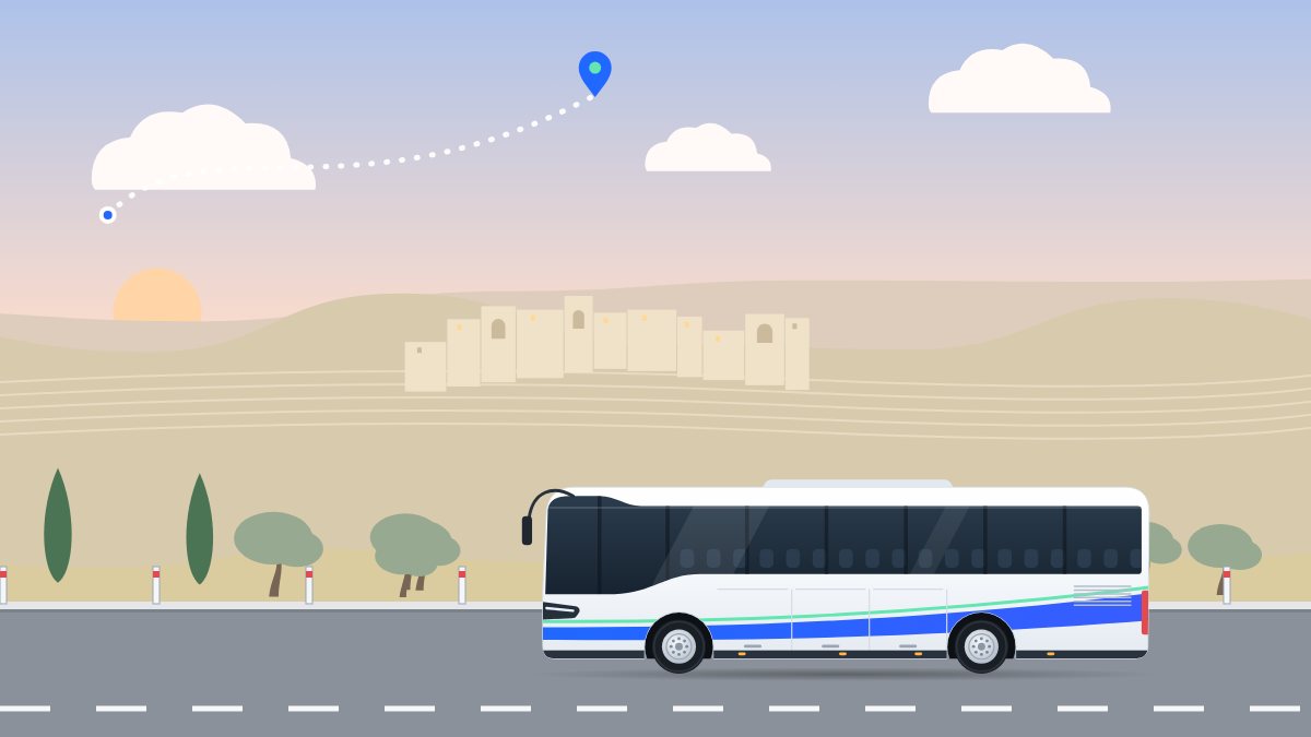 איור לעמוד הסעות מתל אביב לירושלים: אוטובוס תיירים עולה עם שחר בהרי ירושלים, ומעליו קו של מסלול בין שתי נקודות.
