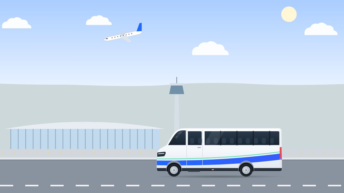 איור לעמוד הסעות מתל אביב לנתב"ג: מיניבוס נוסע בצהריים ליד הטרמינל ומגדל הפיקוח, ומטוס ממריא מעליו.