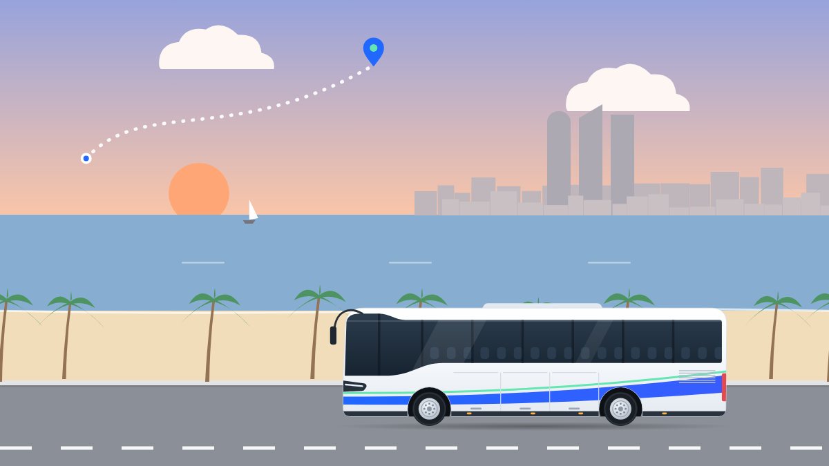 איור לעמוד הסעות מתל אביב לנתניה: אוטובוס תיירים נוסע בכביש החוף בדמדומים, ומעליו קו של מסלול.