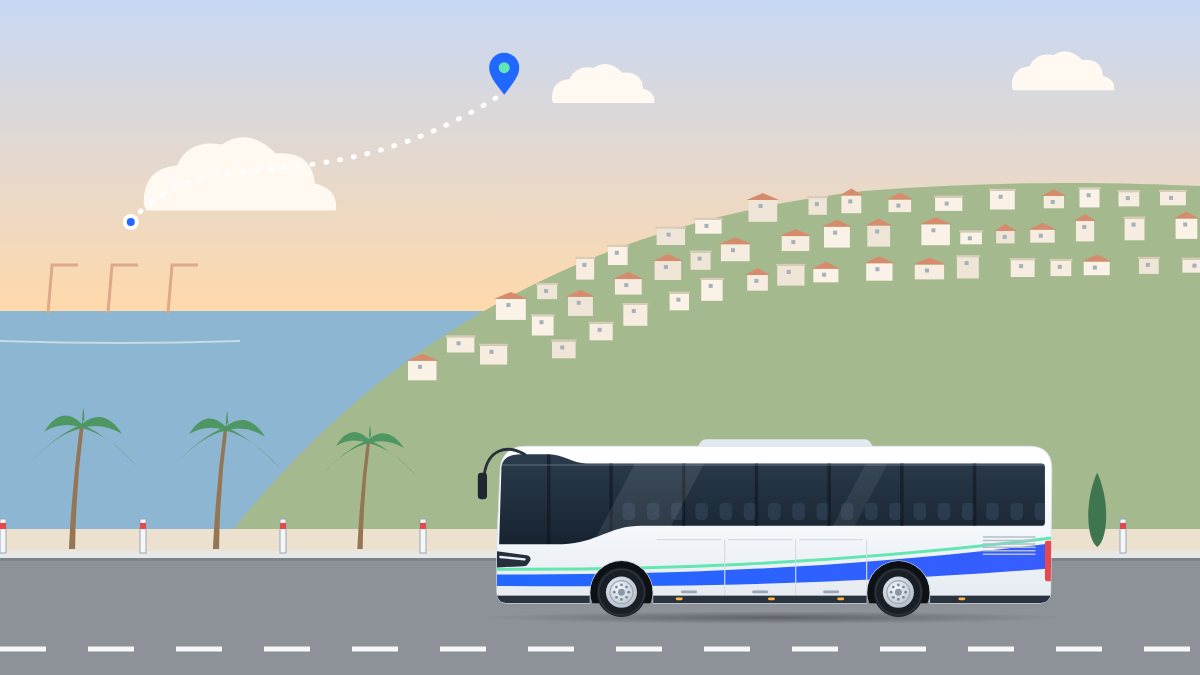 איור לעמוד הסעות מתל אביב לראש הנקרה: אוטובוס תיירים נוסע לאורך חוף הצפון באור של אחר הצהריים, ומעליו קו של מסלול.