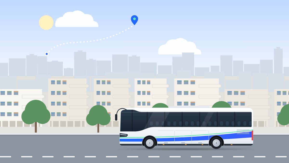 איור לעמוד הסעות בתל אביב: אוטובוס תיירים נוסע בבוקר ברחוב של בתים לבנים בסגנון באוהאוס, ומעליו קו של מסלול בין שתי נקודות.