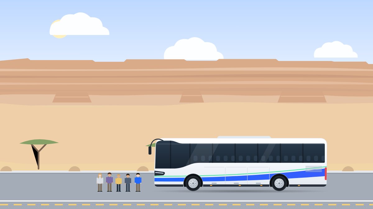איור למדריך הסעות לטיול שנתי: תלמידים עם תיקי גב ממתינים ליד אוטובוס תיירים במדבר, מול מצוק בנגב.