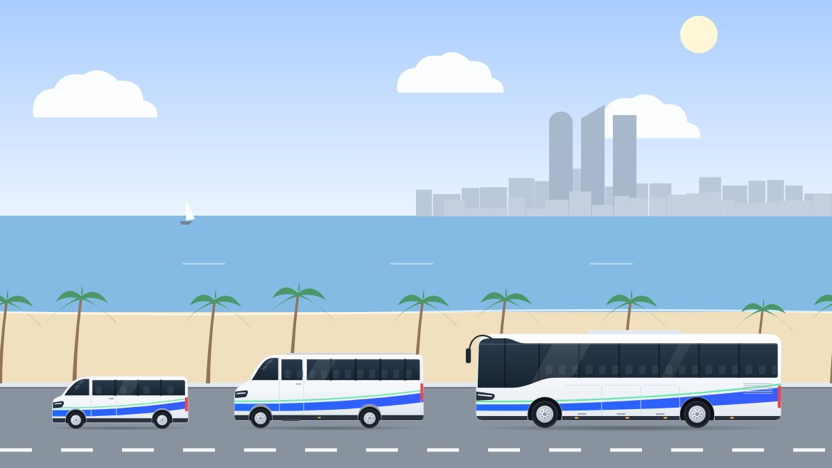 איור למדריך השוואת מחירי הסעות: ואן, מיניבוס ואוטובוס תיירים נוסעים בשורה בכביש החוף, כל רכב בגודל שלו.