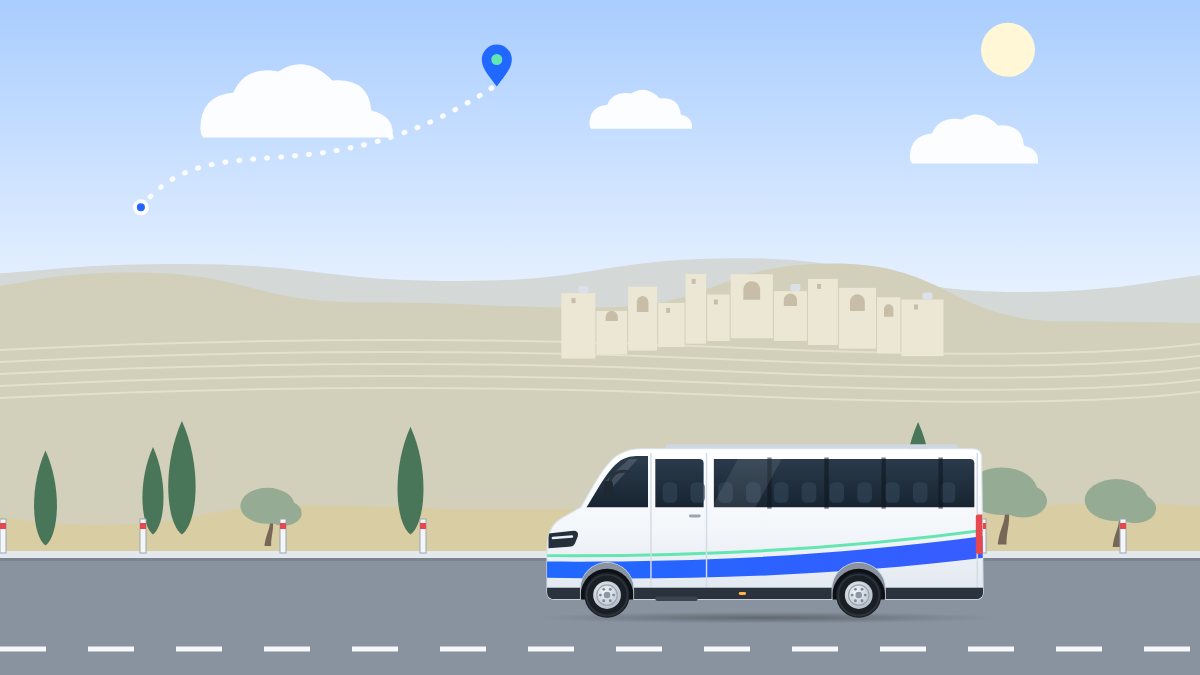 איור למדריך חיסכון בעלויות הסעות: מיניבוס נוסע בהרי ירושלים בצהריים, בין טרסות, עצי זית וברושים.