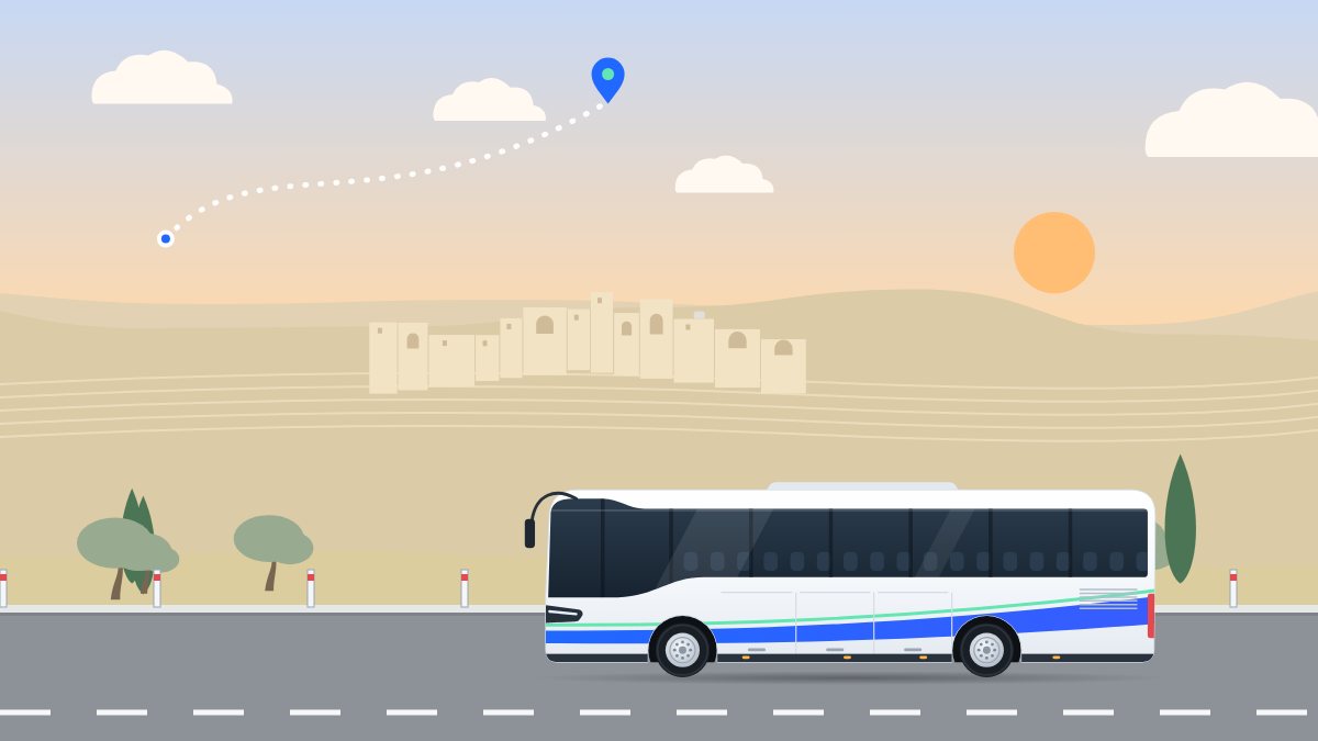 איור למדריך כמה עולה להשכיר אוטובוס: אוטובוס תיירים נוסע בהרי ירושלים באור של אחר הצהריים, ומעליו עיר של בתי אבן.