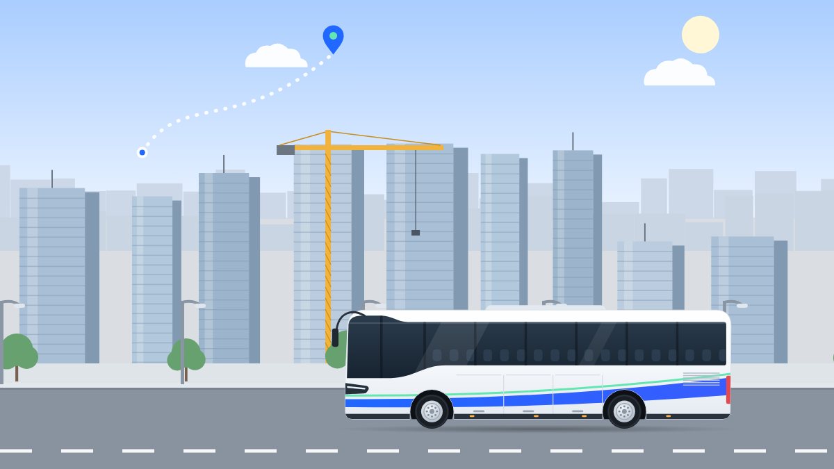 איור למדריך רכש הסעות ארגוני: אוטובוס תיירים נוסע ברחוב של מגדלי משרדים בצהריים, ליד עגורן בנייה.