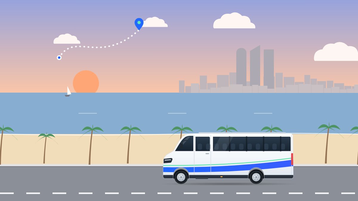 איור למדריך משא ומתן אוטומטי בהסעות: מיניבוס נוסע לאורך החוף בדמדומים, ומעליו קו של מסלול בין שתי נקודות.