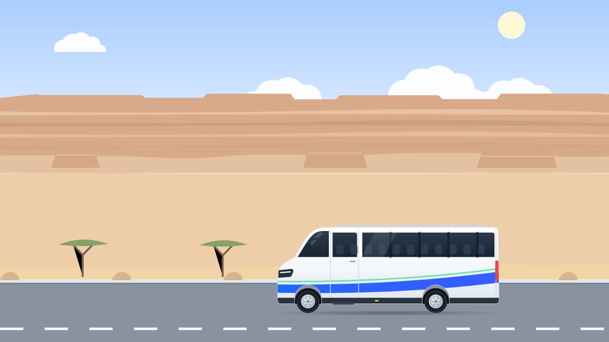 איור לעמוד מיניבוס 10 מקומות: מיניבוס נוסע בצהריים בכביש מדברי, מול מצוק בנגב.