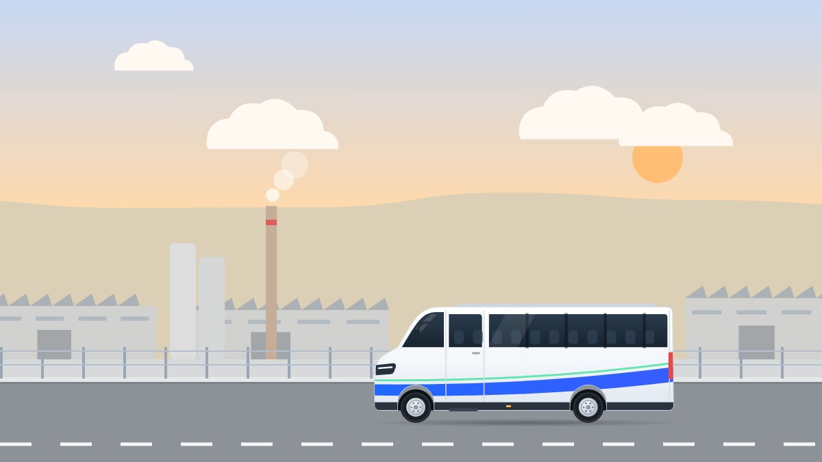איור לעמוד מיניבוס 12 מקומות: מיניבוס נוסע לאורך אזור תעשייה באור של אחר הצהריים.