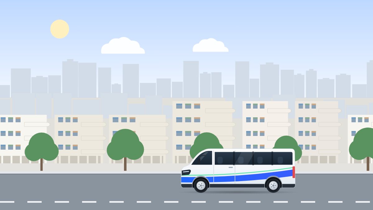 איור לעמוד ואן 7 מקומות: ואן הסעות נוסע בבוקר ברחוב של בתים לבנים בסגנון באוהאוס.