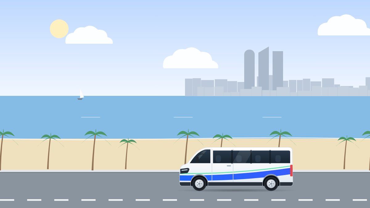 איור לעמוד ואן 8 מקומות: ואן הסעות נוסע בבוקר בכביש החוף, בין עצי דקל לים.