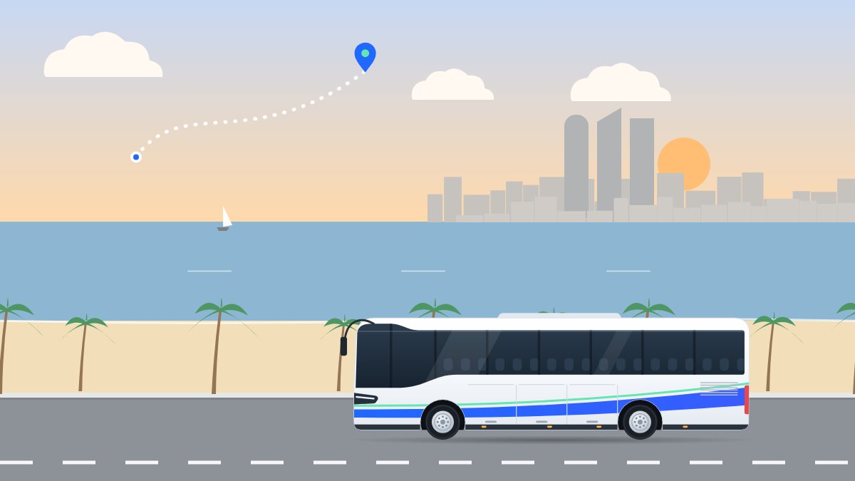 איור למדריך מכרז הסעות: אוטובוס תיירים נוסע בכביש החוף באור של אחר הצהריים, מול הים וקו הרקיע של העיר.