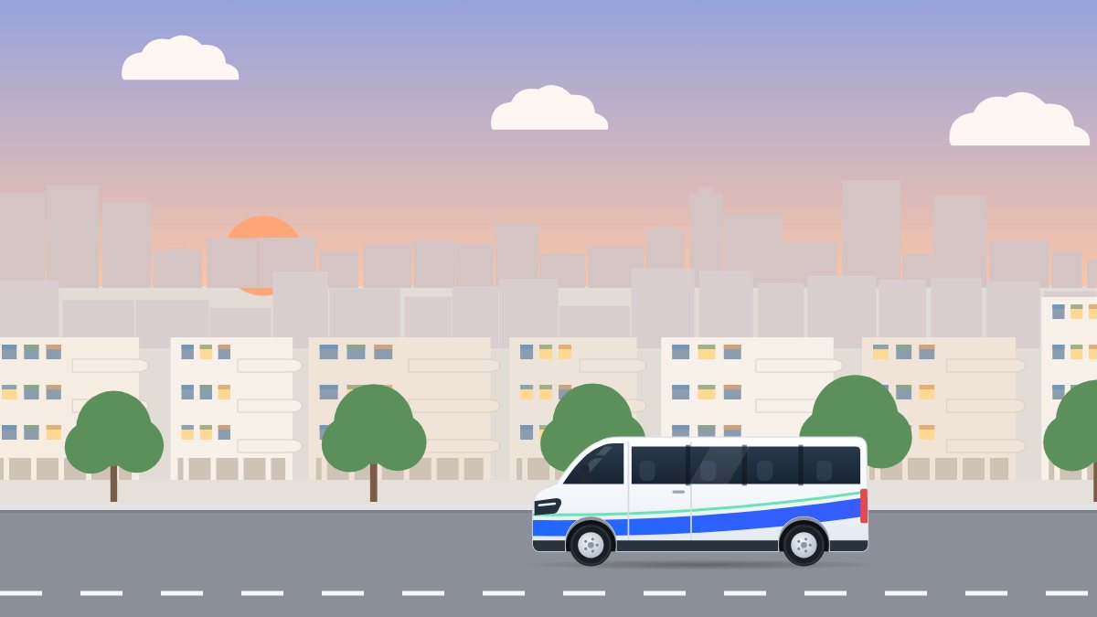איור לעמוד מונית גדולה: ואן הסעות נוסע בדמדומים ברחוב של בתים לבנים, ובחלונות כבר דולק אור.
