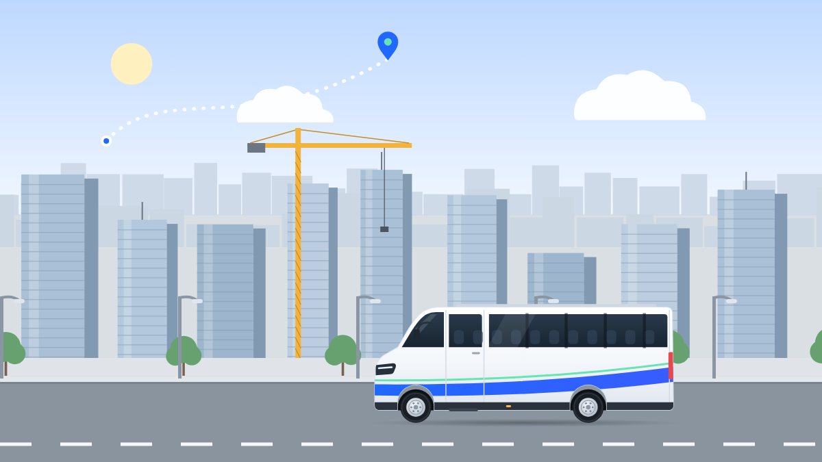 איור למדריך תקציב הסעות עובדים: מיניבוס נוסע ברובע עסקים בבוקר, בין מגדלי משרדים ועגורן בנייה.