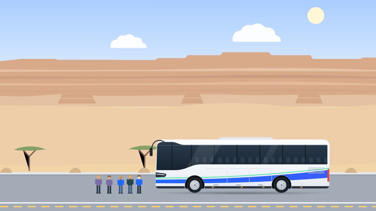 איור לעמוד הסעות לטיול שנתי: תלמידים עם תיקי גב ממתינים ליד אוטובוס תיירים במדבר בצהריים, מול מצוק בנגב.