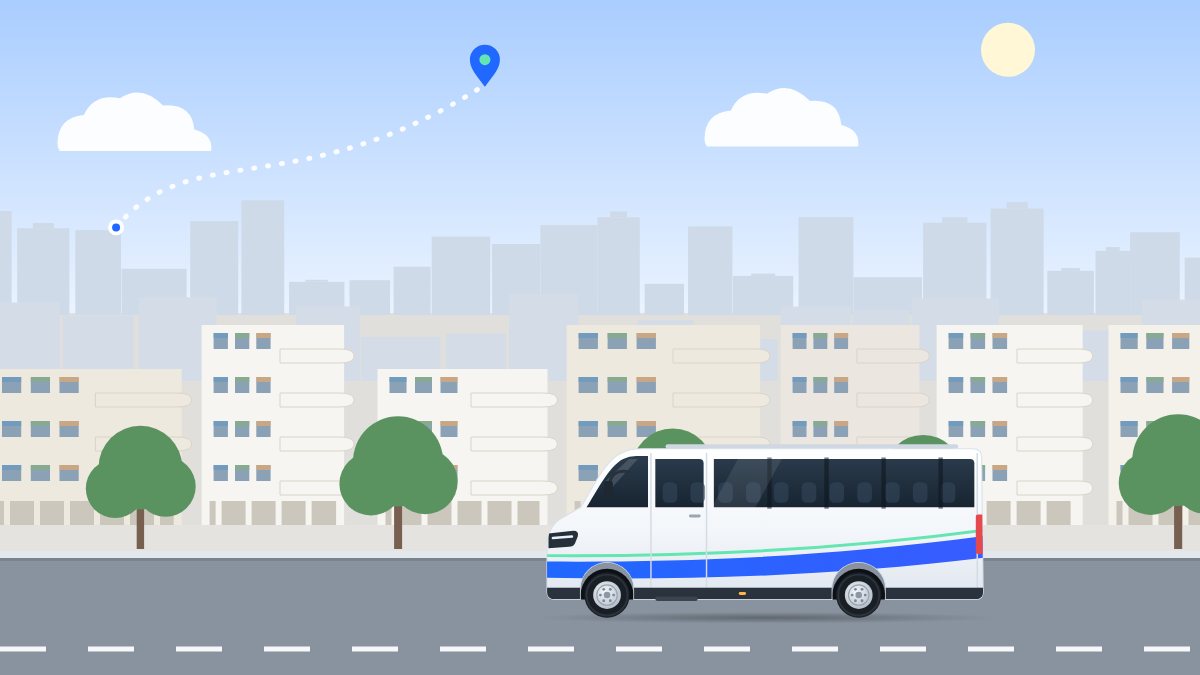 איור למדריך תוכנה לניהול הסעות: מיניבוס נוסע ברחוב של בתים לבנים, ומעליו קו של מסלול בין שתי נקודות.